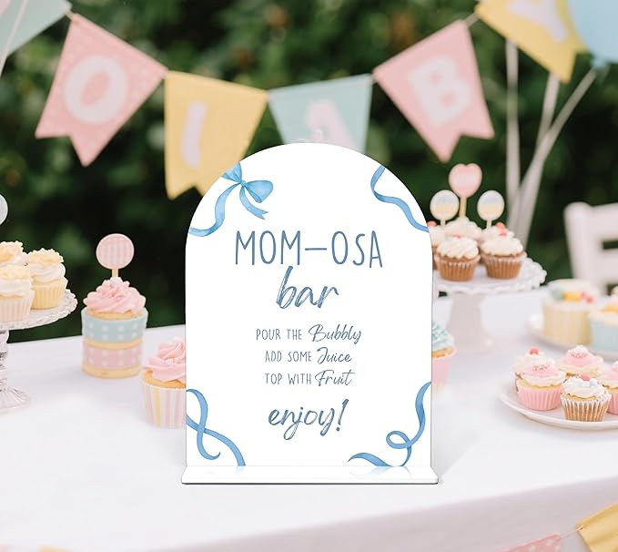 Mom-osa Bar Sign - Blue Bow Baby Shower Sign, 1 Pack Arch Acrylic Sign with Stand, Gender Reveal Party Table Decor, Blue Baby Shower Supplies (SP14)