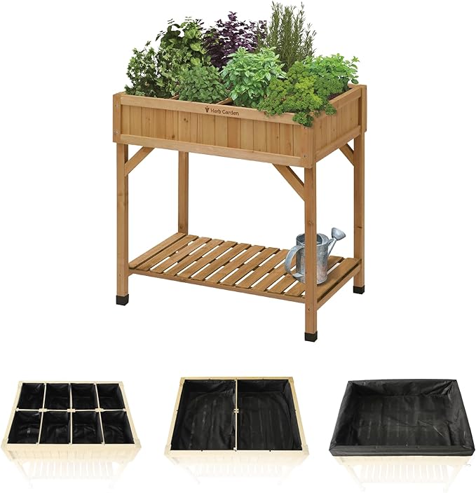 VegTrug Custom Herb Garden Planter Box, Natural Cedar Wood - Versatile Multi-Liner Raised Garden Bed with Storage Shelf for Patio, Balcony & Courtyard Gardening