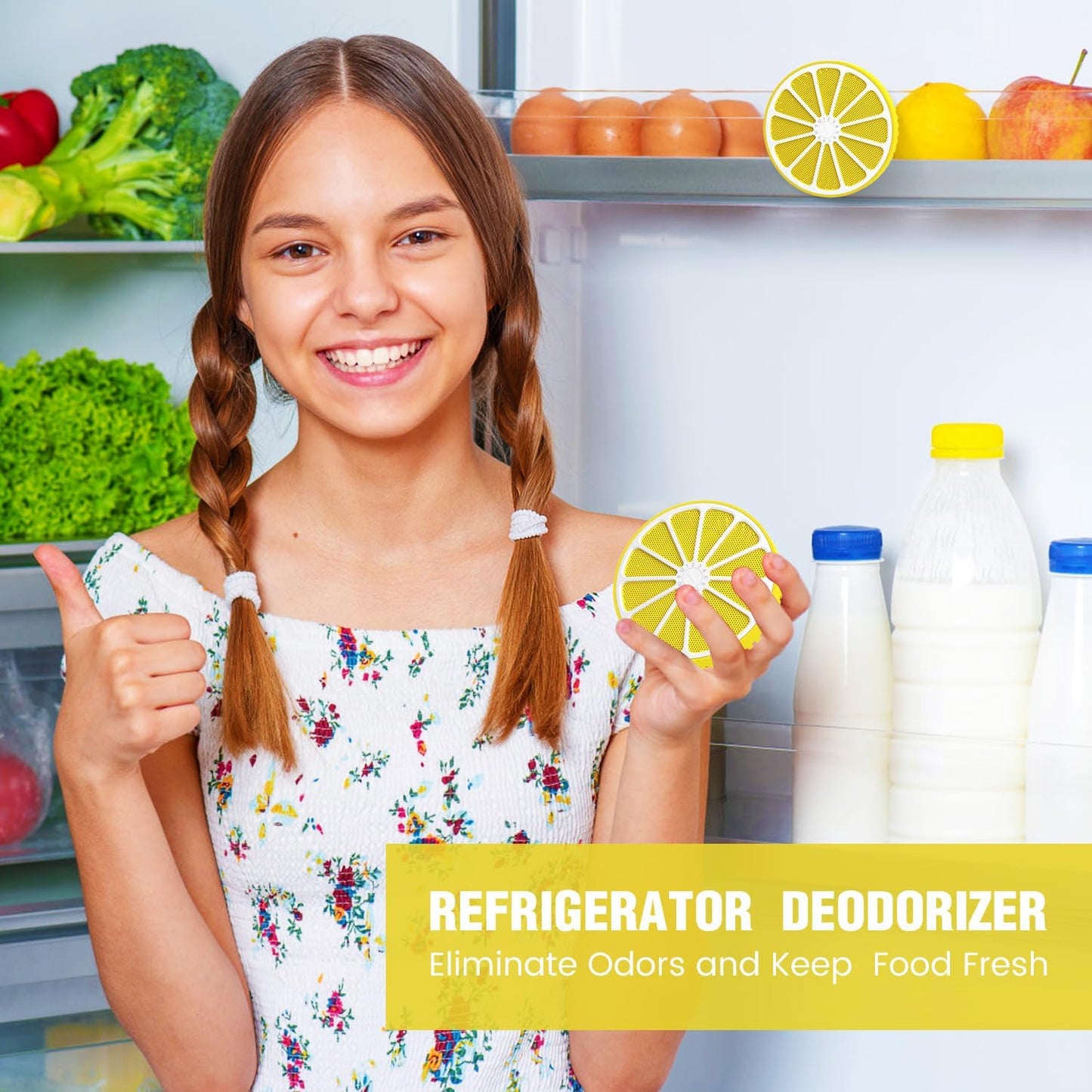 Refrigerator Deodorizer with AOP-KF Solid Alkali Technology, 2 Years Long-Lasting Fresh Odor Eliminator for Fridge, Kitchen, Apartment, Closet & Small Spaces, Lemon Design & Adjustable Clip (3 Packs)