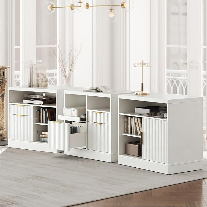 3 Drawer File Cabinet, Fluted Wood Lateral Filing Cabinet with Charging Station for Home Office, Fits for A4/Letter-Sized Files, Printer Stand with Open Storage Shelves, White