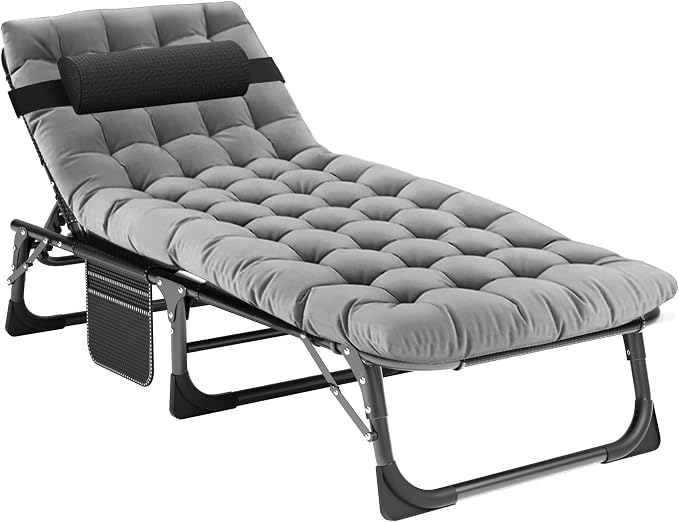 ABORON 3-in-1 Folding Patio Lounge Chair, 440LB Heavy-Duty Tri-Fold Guest Bed with Plush Cotton Cushion, No Assembly Adjustable Recliner for Office Nap, Patio Sunbathing, Poolside & Camping