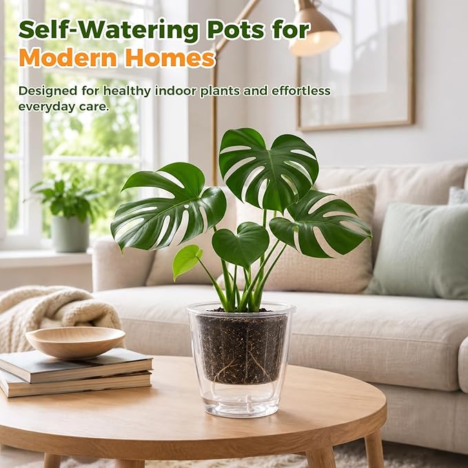 Clear Self Watering Pots for Indoor Plants, 6-Pack 6.7'' Clear Plant Pots with Drainage, Self Watering Planter, African Violet Pot, Semi Hydroponic Pot for Orchids, Flowers, Herbs