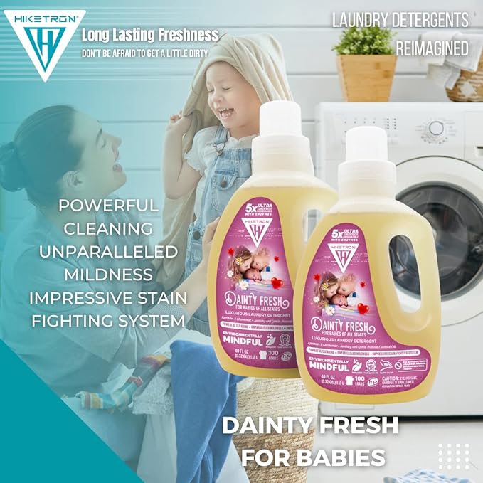 Hiketron Dainty Fresh For Babies Liquid Laundry Detergent, 5x Ultra Concentrated, Tough Stains Remover, Long Lasting Scent (80 Fl Oz, Pack of 2)