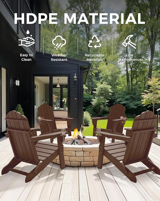 Adirondack Chairs Set of 6, Fire Pit Chairs, Wood Texture Patio Chairs with 2 Cup Holder, Outdoor Lawn Chair, Brown