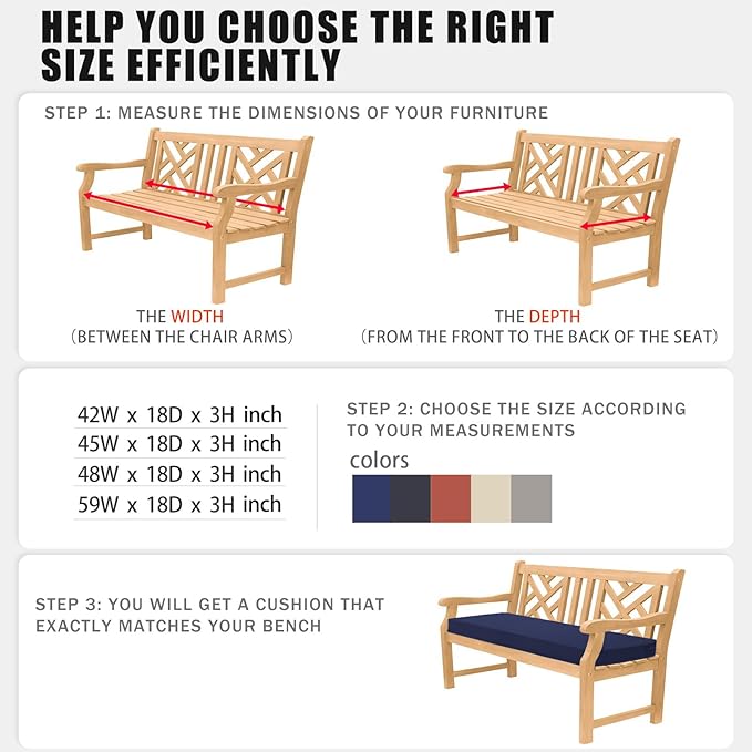 Favoyard Outdoor Bench Cushion 42 x 18 Inch Waterproof Patio Furniture Cushions 3-Year Color Fastness Garden Sofa Settee Couch Swing Pads with Handle and Attach Ties, Blue