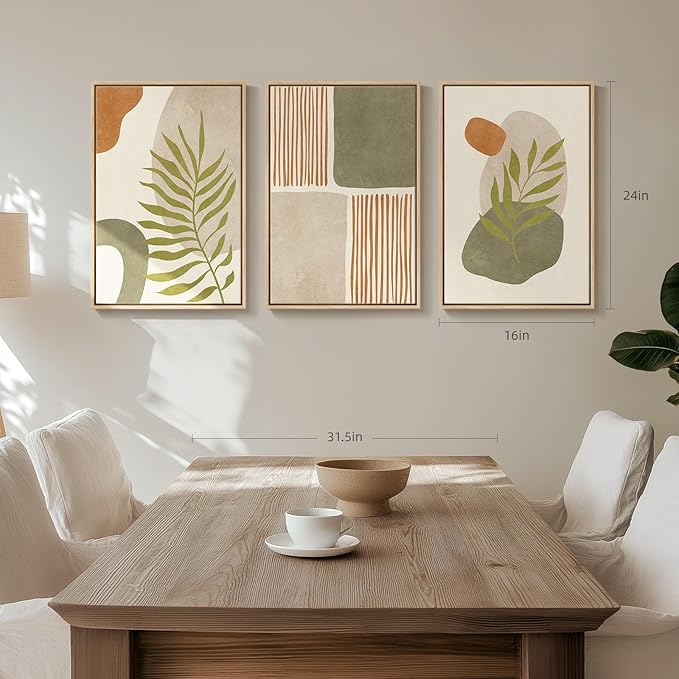 Framed Mid Century Modern Boho Wall Art Bedroom, 3 Piece Tropical Sage Green