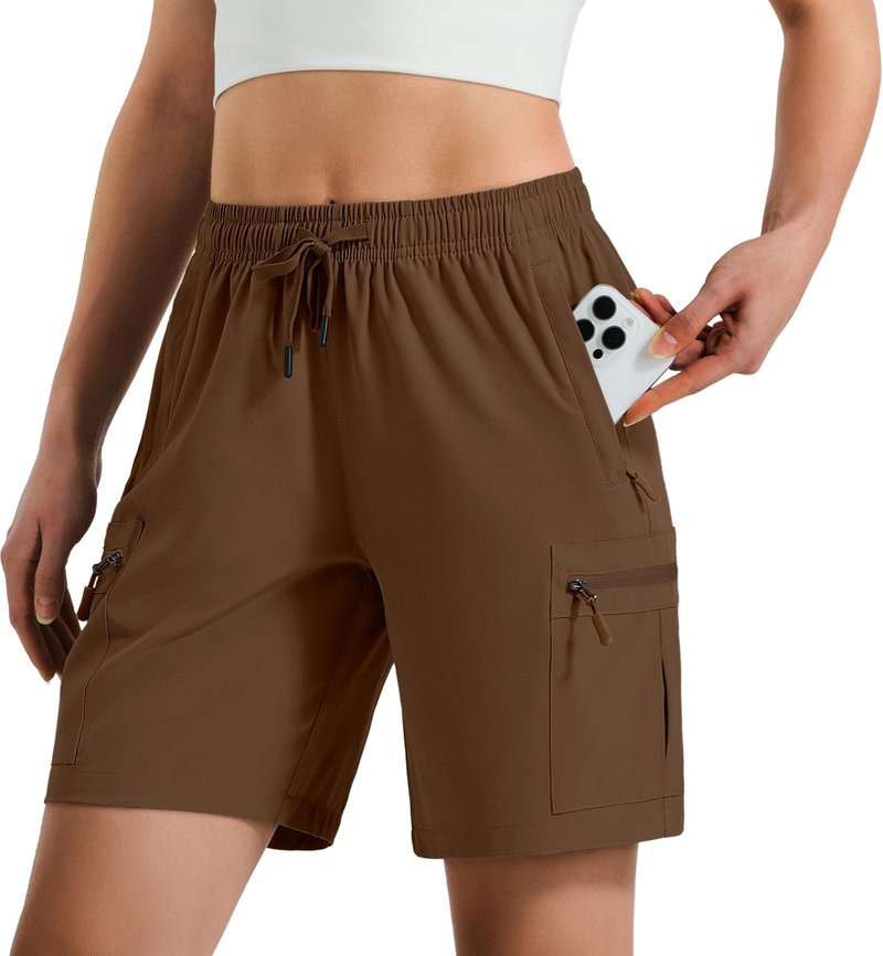 Hugut Women's Lightweight Hiking Cargo Shorts Quick Dry Athletic Shorts Camping Travel Golf Zipper Pockets Water Resistant Brown