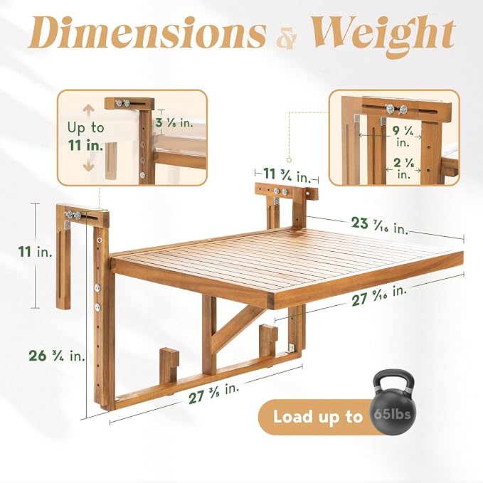 Idzo FSC Acacia Wood Folding Balcony Bar Table for Railings, Adjustable Height & Width, Teak Finish Durable Against Weather, Ideal Spacious Dimension of 27 9/16 x 23 7/16 Inch, Rectangular Design