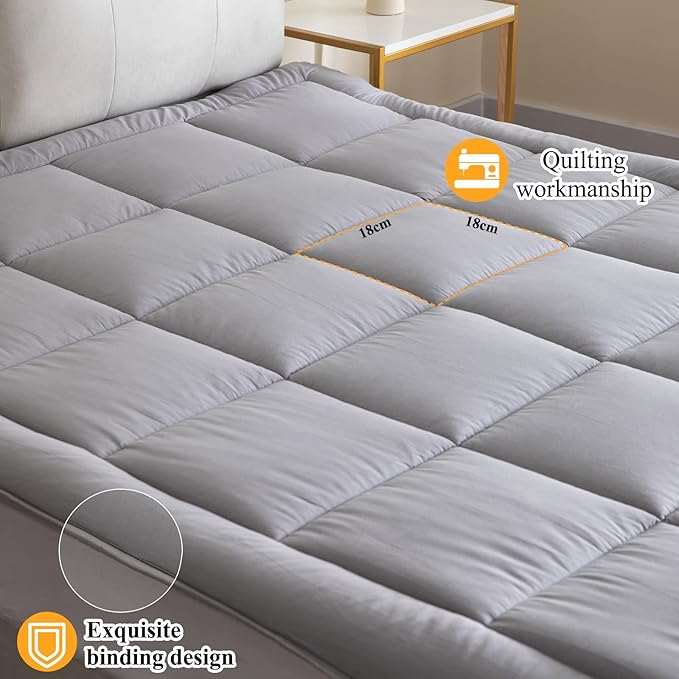 Cooling Mattress Pad Cover (Twin - Grey), Topped with 100% Cotton Cover and Mesh Shell Underlay, Snow Fiber Filled, Soft, Temperature Regulated, Premium Mattress Protector, Machine Washable