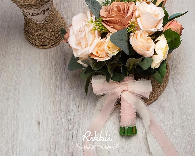 Ribbli Blush Pink Ribbon 1 Inch x 3 Rolls Total 24 Yards Pink Handmade Fringe Chiffon Silk Ribbon for Wrapping Wedding Invitations Bridal Bouquets DIY Crafts Home Decor