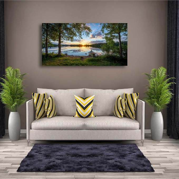 Tree Canvas Wall Art of a Sunrise Over a Forest Lake 24x48inches Nature Inspired Painting Perfect for Wall Decoration in Living Room and Bedroom Trees and Landscape Picture Artwork Prints