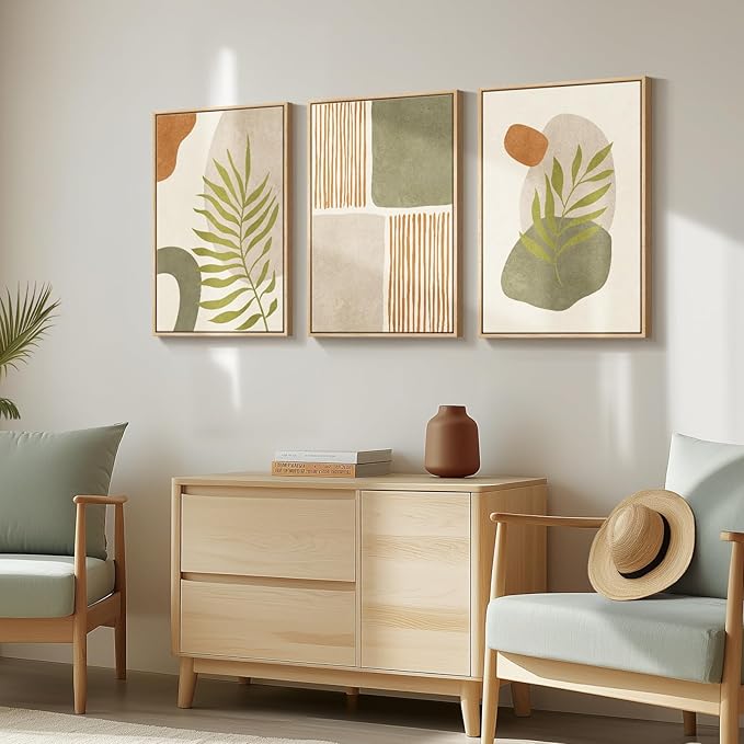 Framed Mid Century Modern Boho Wall Art Bedroom, 3 Piece Tropical Sage Green