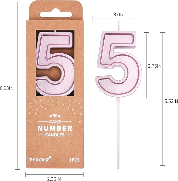 PHD CAKE 2.76 Inch Luxe Rose Gold 5 Number Birthday Candles, Rose Gold Number Candles, Cake Number Candles, Party Celebration