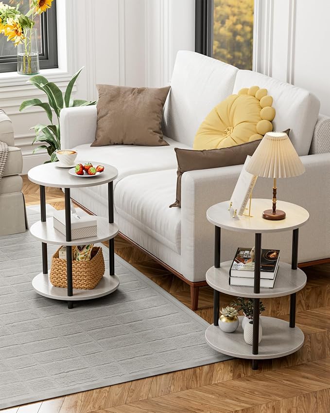 Small Round End Table - 3 Tier Design Accent Table, Narrow Side or Bedside Stand, Industrial Vintage Nightstand for Bedroom, Living Room, or Small Spaces, Greige