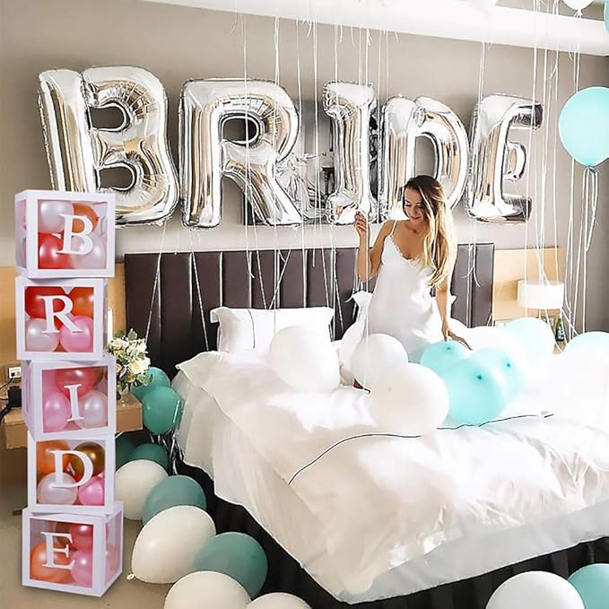 96 PC Bridal Shower Decorations Balloon Boxes White- Transparent Block with BRIDE TO BE + GROOM + A - Z Letters and 40 Balloons- Engagement Bachelorette Parties Weddings Centerpieces Photo Booth Props