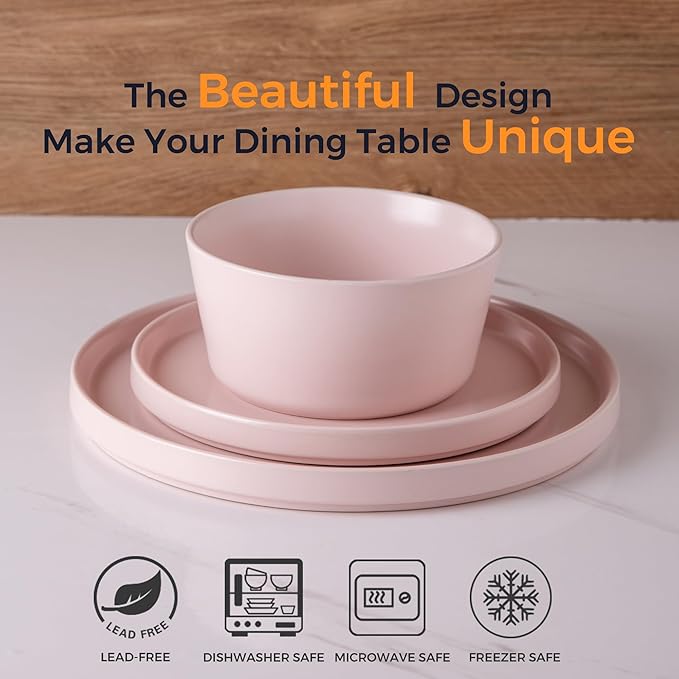 AmorArc Ceramic Dinnerware Sets for 6, Modern Flat Stoneware Plates and Bowls Sets,Chip and Crack Resistant | Dishwasher & Microwave Safe Dishes Set,Scratch Resistant- Service for 6 (18pc)-Matte Pink