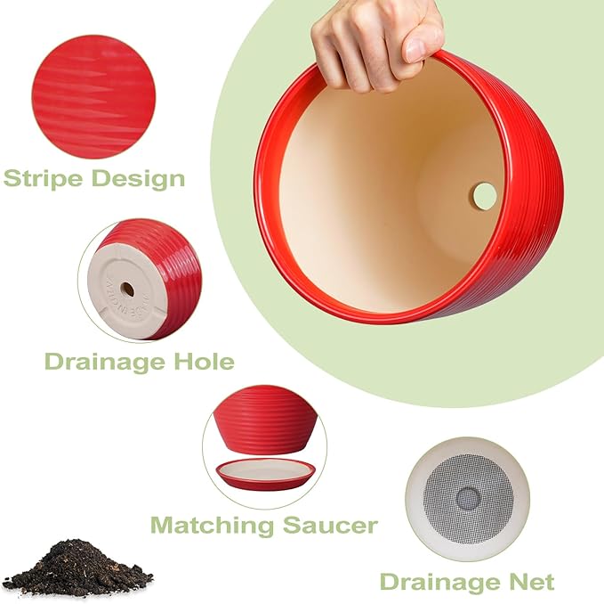 Ceramic Pot for Plants 12 Inch - Plant Pot Indoor with Drainage Hole and Saucer Round Large Planter for Outdoor Plants Mid Century Modern Flower Pot for Home Decor Red