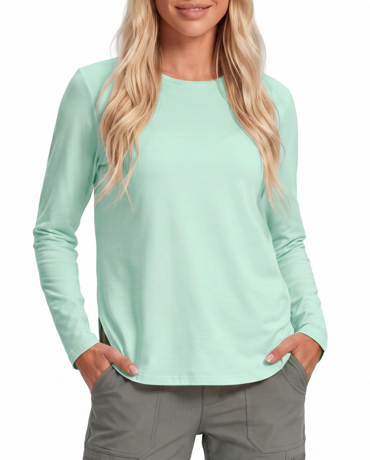 Women's UPF 50+ UV Sun Shirts, Loose Fit Long Sleeve Hiking Top Light Green