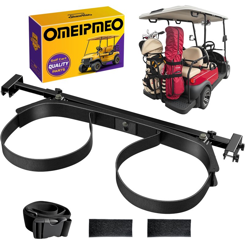 Upgrade Golf Cart Bag Holder Bracket, Adjustable Golf Cart Bag Bracket for 2+2 Rear Seat with 1 Inch Square Tube, No Drilling Golf Bag Holder Attachment for Club Car EZGO Yamaha, Include Nylon Strap