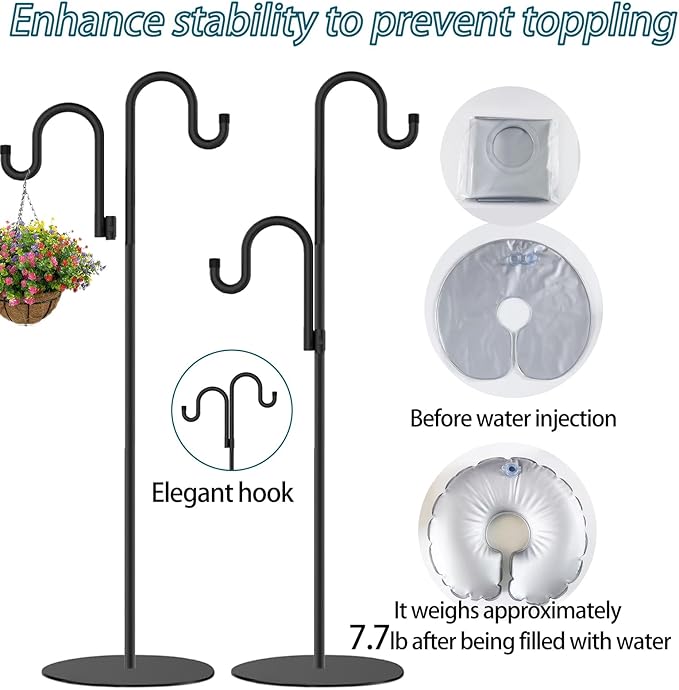 2 Set Shepherd's Hook Stand Plant，Bird Feeder，Wind Chime Hanger Stand, Waterproof Metal & Adjustable-Height Standing Pole Holder for Lantern and Wreath, Indoor & Outdoor