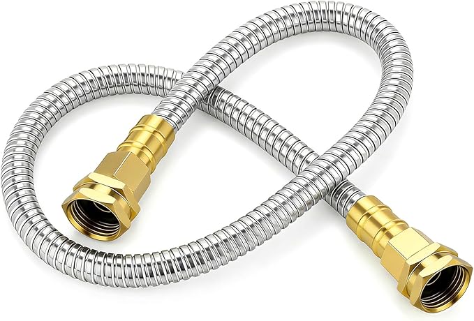 Short Stainless Steel Metal Garden Hose 3 ft, 3/4" Female to Female Solid Brass Connector, Small Leader Hose for Hose Reel, Durable, Flexible, Lightweight, Outdoor Water Hose Extension Adapter