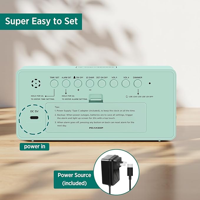 Peakeep Digital Clock, Alarm Clock Battery Backup Powered