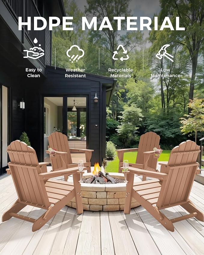 Folding Adirondack Chair,All-Weather HDPE Fire Pit Chair with 2 Cup Holders, Plastic Outdoor Chair for Patio Deck Garden Lawn, Teak