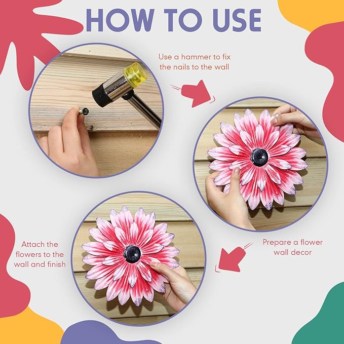 Zhehao 6 Pcs Flower Metal Wall Art Decor 8 Inch Flower Decorations for Indoor Outdoor, Hanging Sunflower Kitchen Decoration Metal Floral for Bathroom,Porch, Garden, Living Room, Yard(Cute Color)