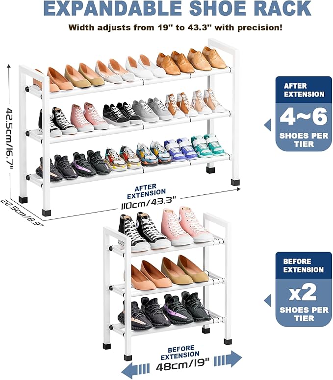 Mavivegue 3-Tier 19"-43.3" Adjustable Shoe Rack for Closet,Expandable Shoe Rack, Hall Entryway,Front Door,Garage, Sturdy Steel Space-Saving Rack, White