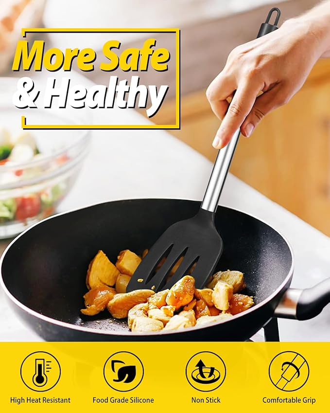 Pack of 2 Silicone Solid Turner, Non Stick Slotted Kitchen Spatulas, High Heat Resistant BPA Free Cooking Utensils, Ideal Cookware for Fish, Eggs, Pancakes(Black-White)