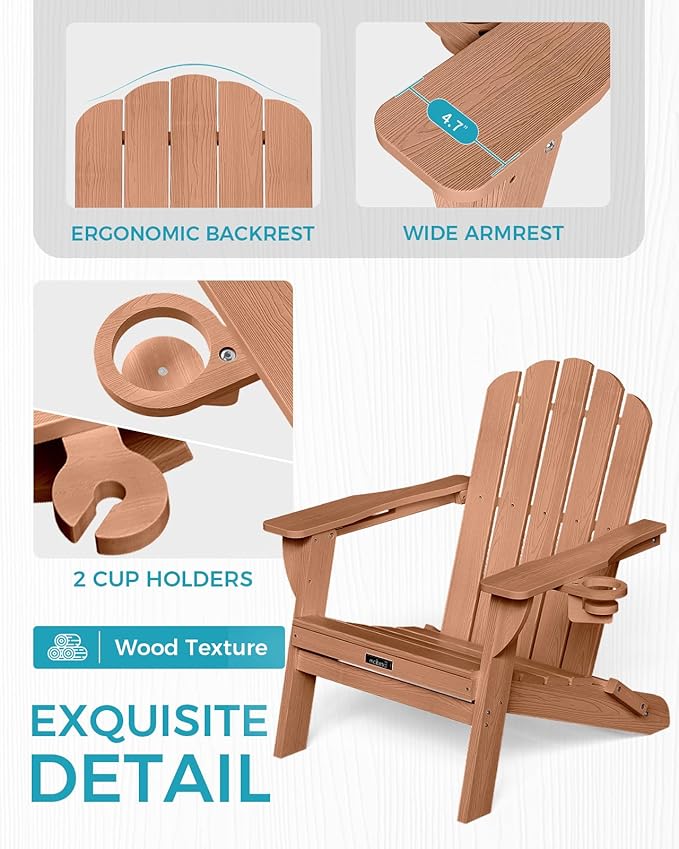 Folding Adirondack Chairs Set of 4,All-Weather HDPE Fire Pit Chair with 2 Cup Holders, Outdoor Chair for Patio Deck Garden Lawn, Teak