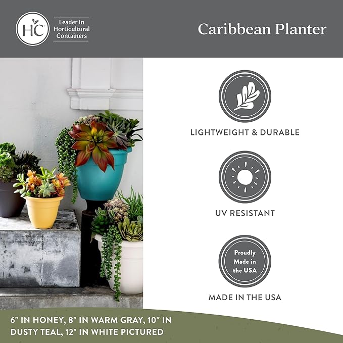 The HC Companies 10 Inch Caribbean Planter Pots with Drainage & Plug, Rolled Rim Plastic Planters for Indoor & Outdoor Plants, 2-Pack Decorative Flower Pots for Garden, Office & Home Decor, Honey