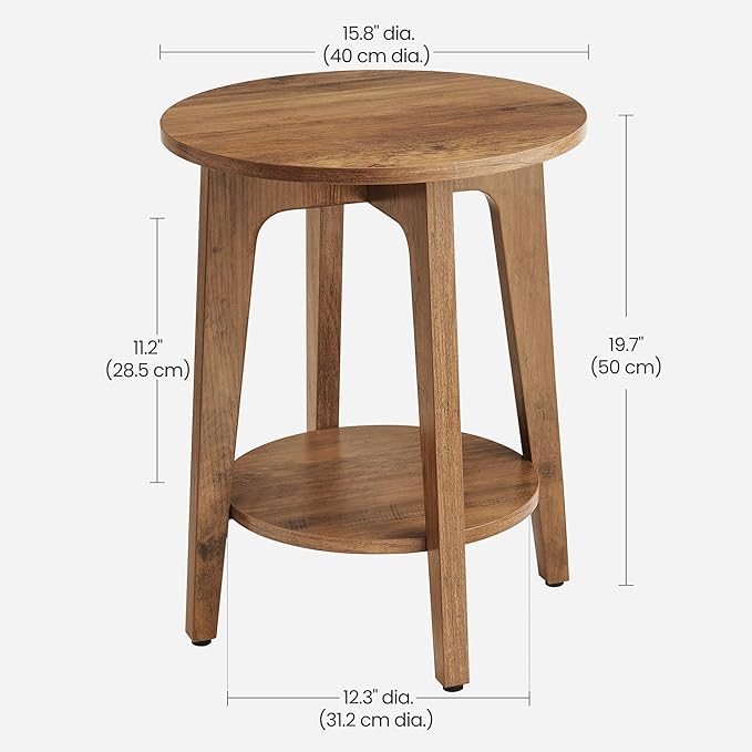 VASAGLE MAEZO Collection - Side Table, 2-Tier Small Round End Table, Nightstand with Tapered Legs, Curved Transitions, for Small Spaces, Living Room, Bedroom, Rustic Walnut ULET283T41