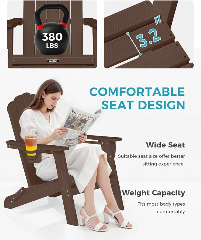 Adirondack Chairs Set of 4, Foldable Adirondack Chairs with 2 Cup Holder, Wood Texture HDPE Fire Pit Chairs, Outdoor Lawn Chair for Patio Garden, Brown