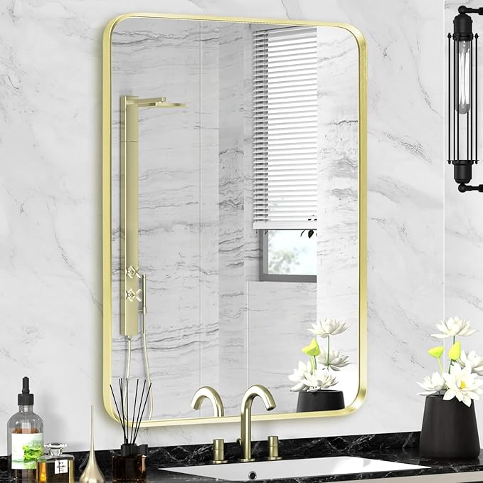 Gold Framed Bathroom Mirror, Brushed Gold Bathroom Vanity Wall Mirror, Rounded