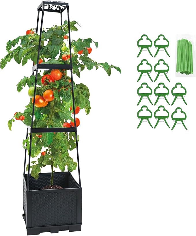 Tomato Planter with Trellis, 43" Self-Watering, Portable Planter Box for Climbing Plants, Outdoor Raised Garden Bed for Tomato, Potato, Vegetables, Chili