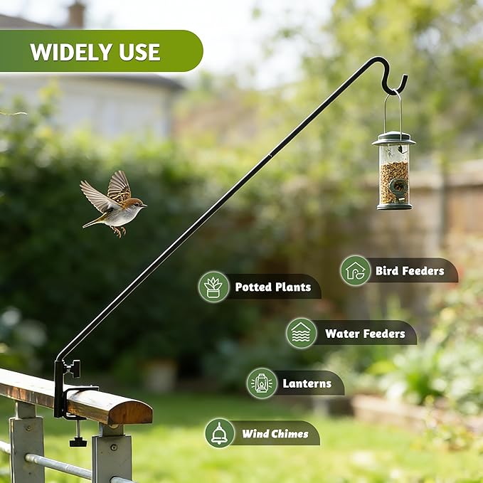 ERYTLLY Heavy Duty Deck Hook, Extensible and Adjustable Deck Hook with 2" Non Slip Horizontal Clamp for Hanging Bird Feeder, Plants, Suet Baskets,Wind Chimes,Lanterns and More