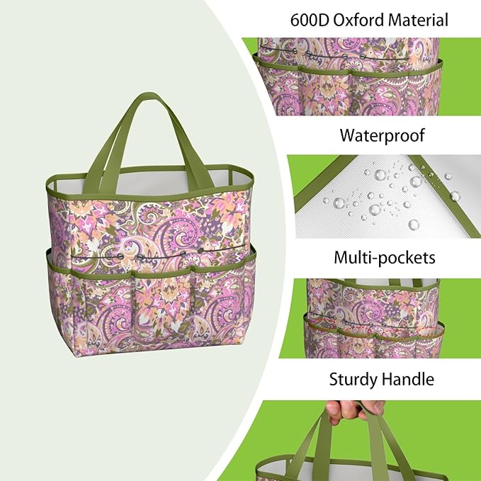 Paisley Garden Tool Bag - Waterproof Garden Tote with 8 Pockets, Large Storage Home Organizer Gardening Tool Oxford Bag for Garden Tools Kits Holder, Ideal Outdoor Gardening Gift for Women & Men
