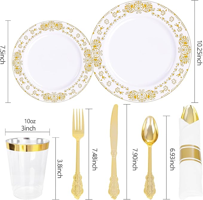 GATHER 350PCS White and Gold Plastic Plates - Gold Disposable Dinnerware Set Include 50 Dinner Plates, 50 Dessert Plates, 150 Gold Plastic Silverware, 50 Napkins, 50 Cups for Wedding & Christmas