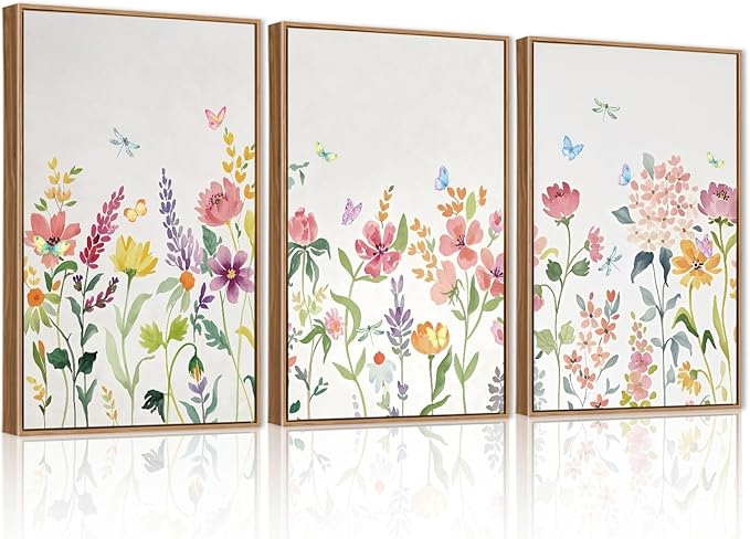 CHDITB Colorful Floral Framed Wall Art, Watercolor Flowers Wall Decor, Butterfly Flower Pictures Minimalist Wildflower Painting, Modern Home Art Prints for Girls Bedroom Living Room Office 24"x36"x3