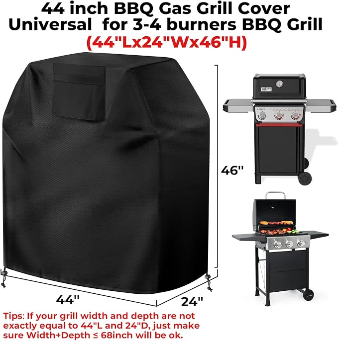 BBQ Gas Grill Cover 44 inch, Universal for 3-4 Burners BBQ/Gas/Charbroil Grill (44" Lx24 Wx46 H), Heavy-Duty and Weather-Resistant Oxford Fabric That Protect Grill All Seasons