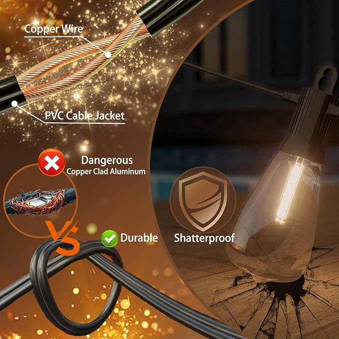 Outdoor String Lights 48 ft, LED Patio Lights with 16（15+1 Spare S14 Shatterproof Bulbs, IP 65 Waterproof, Outside Hanging Light for Cafe Bistro Backyard