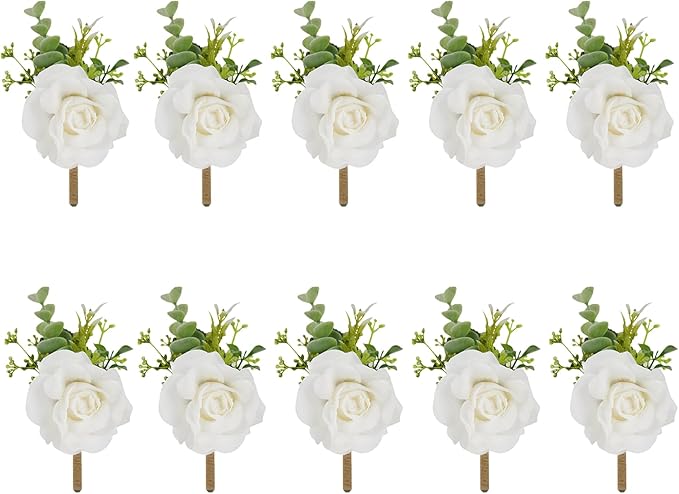 Meldel Ivory Rose Boutonniere for Men,Set of 10,Groom and Best Man Boutonnieres with Artificial Flower,for Wedding Ceremony Anniversary, Formal Dinner Party, Fall Vintage Rustic Marriage Prom