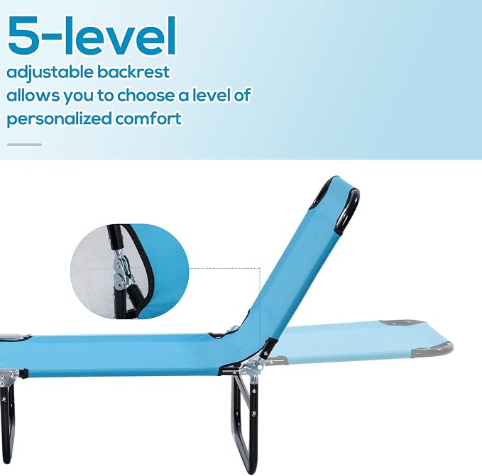 Outsunny Folding Chaise Lounge Chair with 5-Level Back, Sky Blue | Pool Sun Tanning Chairs, Breathable Mesh Seat, Headrest, for Pool, Beach, Yard, Patio, Outside
