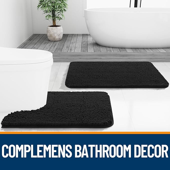 OLANLY Bathroom Rugs 30x18, Extra Soft Absorbent Chenille Bath Rugs, Rubber Backing Quick Dry, Machine Washable Bath Mats for Bathroom Floor, Tub and Shower, Home Decor Accessories, Black