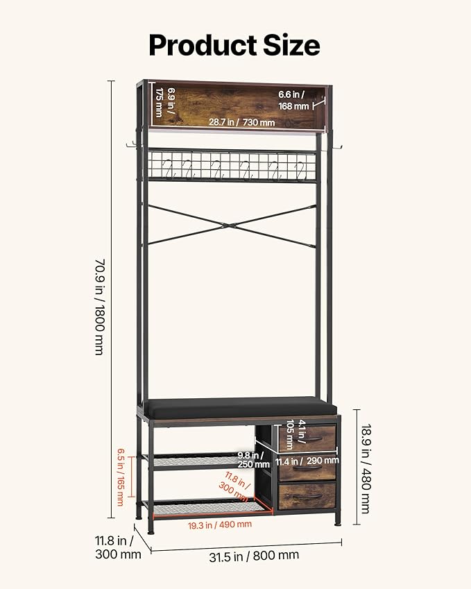 VEVOR Hall Tree with Bench and Shoe Storage, Entryway Bench with Coat Rack, 3 Drawers, 3 Storage Cubbies, 7 Hooks with Soft Cushion for Entryway, Hallway