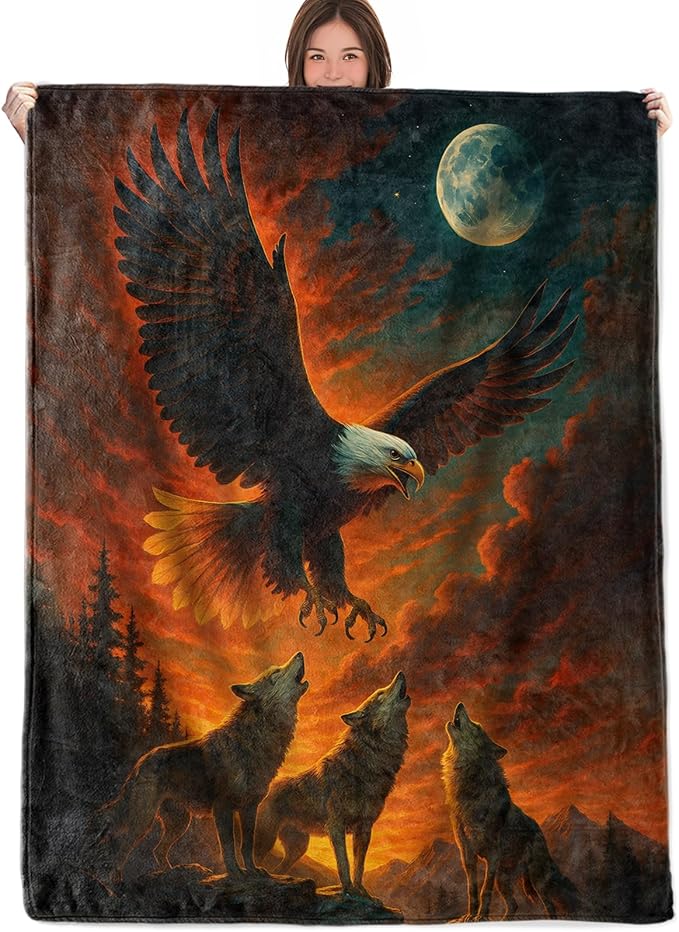 Wolf and Eagle Throw Blanket Gifts for Boys Girls Kids Adults, Bald Eagle Flannel Blankets for Travel Sofa Living Room Decor 40"x50"