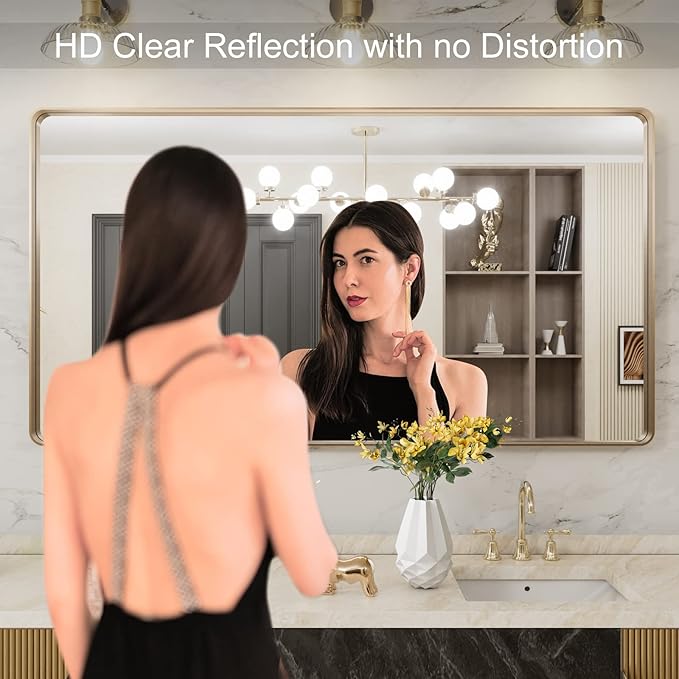 LOAAO 55”X30” Gold Bathroom Mirror, Rounded Rectangle Gold Frame Mirror