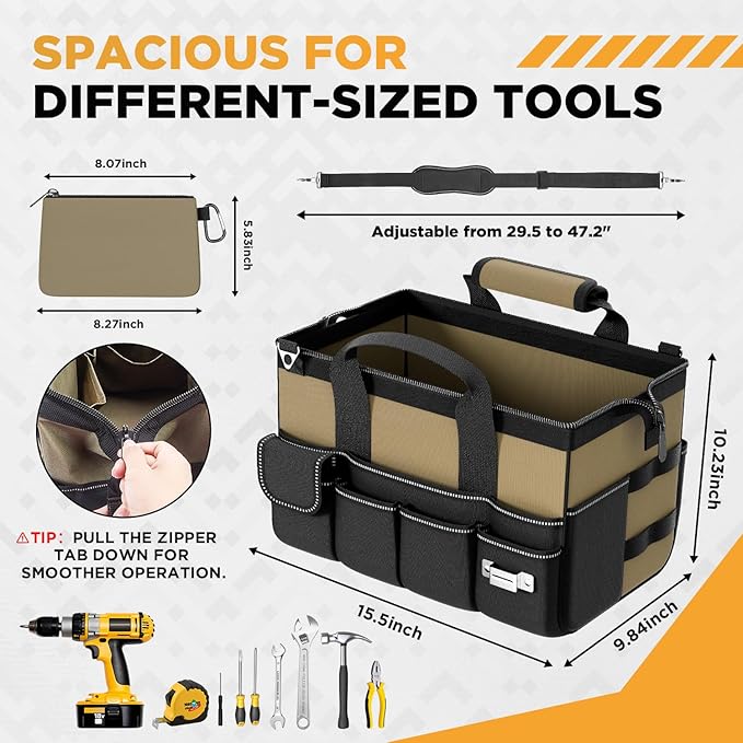 Goovilla Tool Bag 15.5 Inch with 1 Pouch | 17-Pocket Portable Tool Box Organizer Storage with Adjustable Strap, Soft Handle and Durable Zipper | Heavy Duty Tool Bags for Men, Father’s Day (Khaki)