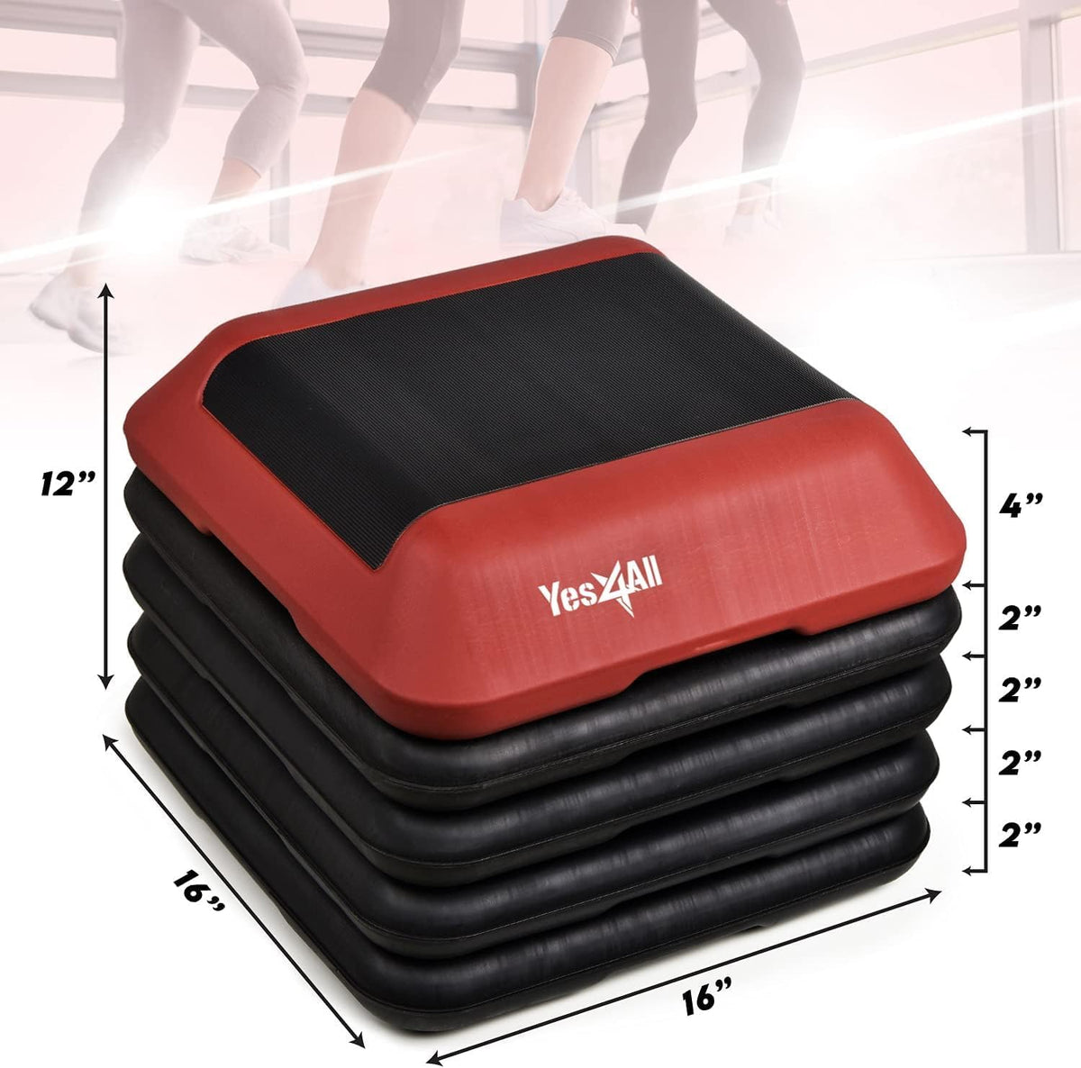 Yes4All 16"x16" Adjustable High Step Aerobic Platform with 4 Risers, Height-Adjustable 4"-6''-8''-10''-12" Step Aerobics Platform for Home Gym Exercise Fitness Workout